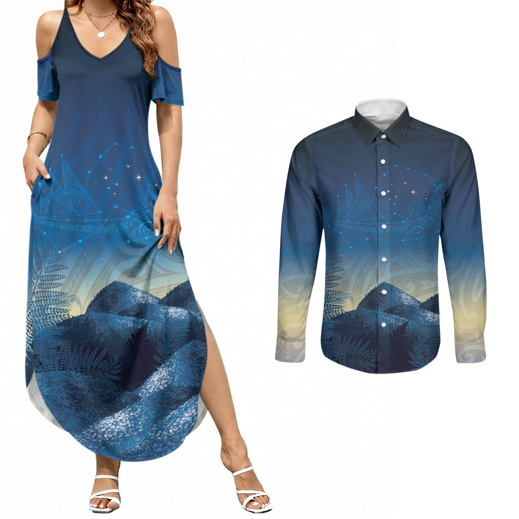 New Zealand Matariki Couples Matching Summer Maxi Dress and Long Sleeve Button Shirt Maori Waka With Silver Fern LT05 Navy - Polynesian Pride