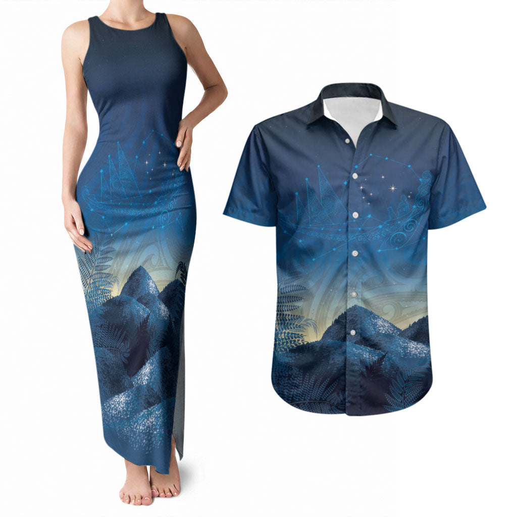 New Zealand Matariki Couples Matching Tank Maxi Dress and Hawaiian Shirt Maori Waka With Silver Fern LT05 Navy - Polynesian Pride