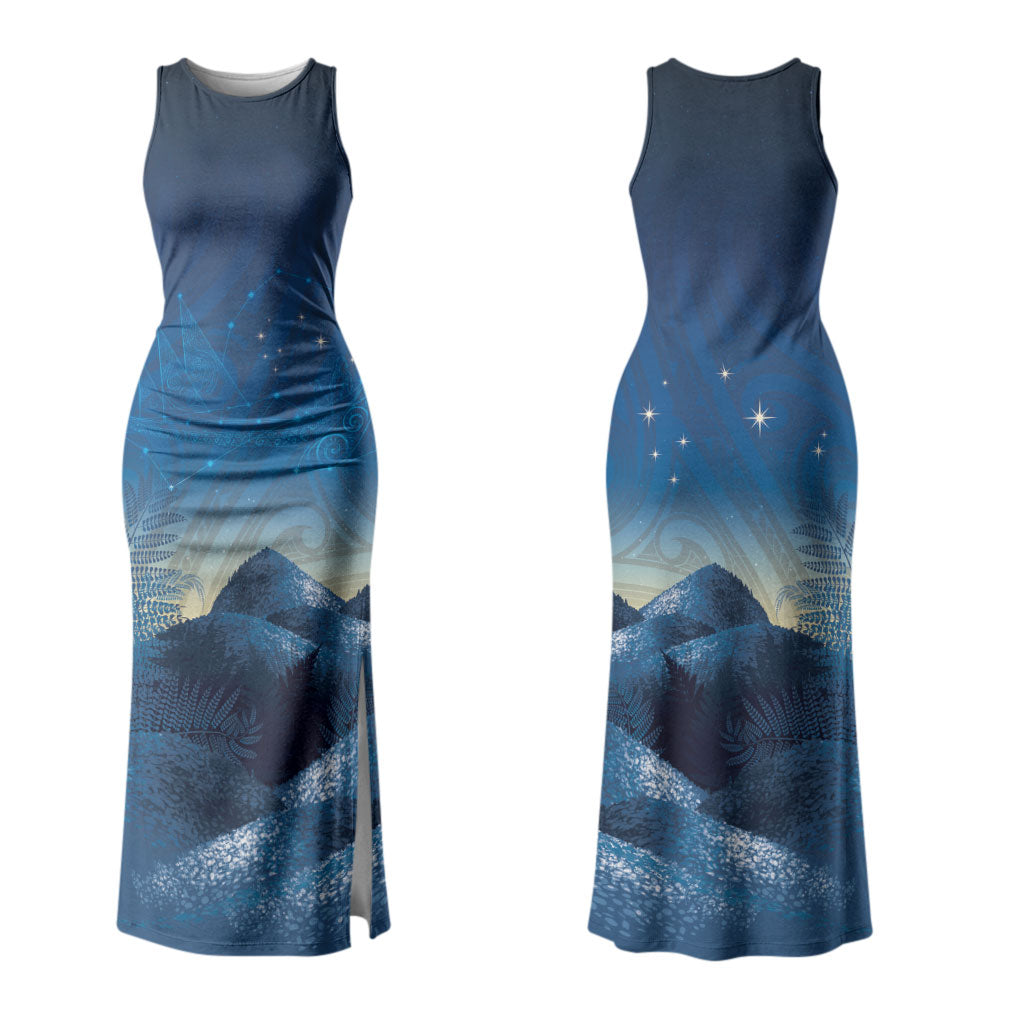 New Zealand Matariki Couples Matching Tank Maxi Dress and Hawaiian Shirt Maori Waka With Silver Fern LT05 - Polynesian Pride