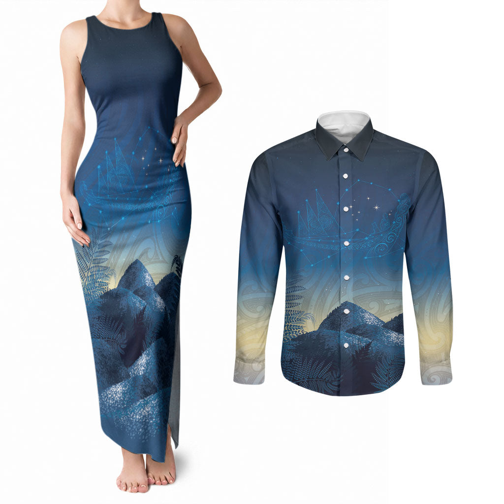 New Zealand Matariki Couples Matching Tank Maxi Dress and Long Sleeve Button Shirt Maori Waka With Silver Fern LT05 Navy - Polynesian Pride
