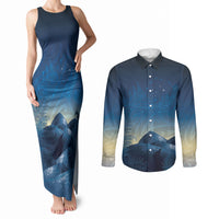 New Zealand Matariki Couples Matching Tank Maxi Dress and Long Sleeve Button Shirt Maori Waka With Silver Fern LT05 Navy - Polynesian Pride