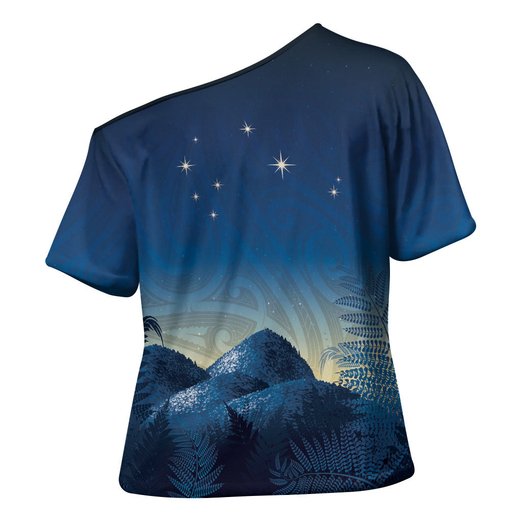 New Zealand Matariki Cross Shoulder Shirt Maori Waka With Silver Fern LT05 - Polynesian Pride