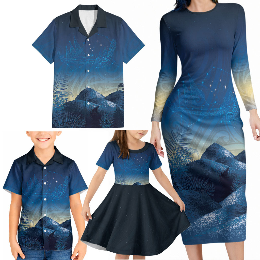 New Zealand Matariki Family Matching Long Sleeve Bodycon Dress and Hawaiian Shirt Maori Waka With Silver Fern LT05 - Polynesian Pride