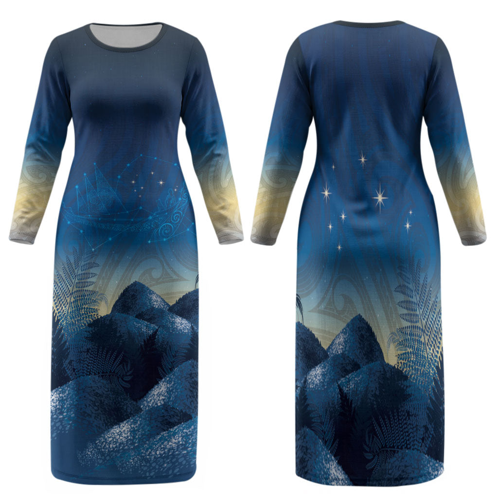 New Zealand Matariki Family Matching Long Sleeve Bodycon Dress and Hawaiian Shirt Maori Waka With Silver Fern LT05 Mom's Dress Navy - Polynesian Pride