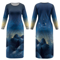 New Zealand Matariki Family Matching Long Sleeve Bodycon Dress and Hawaiian Shirt Maori Waka With Silver Fern LT05 Mom's Dress Navy - Polynesian Pride