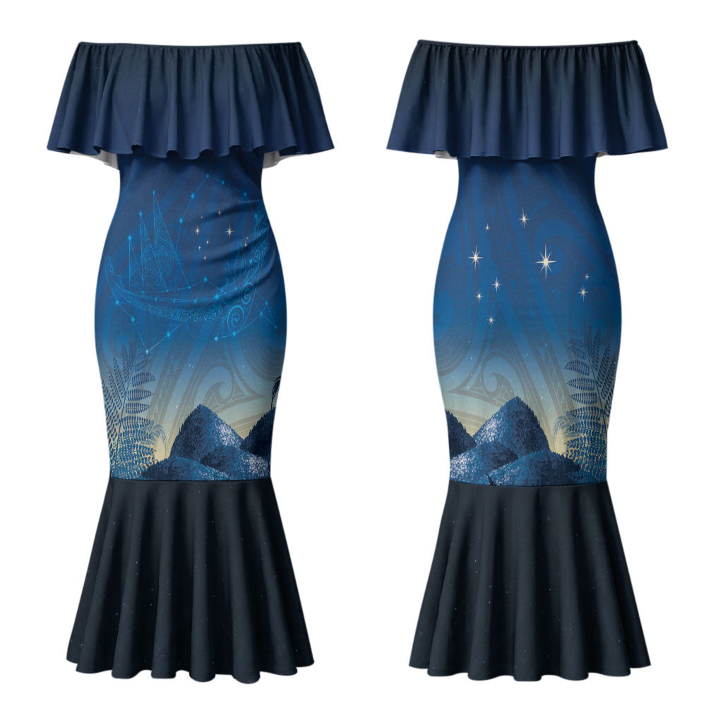 New Zealand Matariki Family Matching Mermaid Dress and Hawaiian Shirt Maori Waka With Silver Fern LT05 Mom's Dress Navy - Polynesian Pride