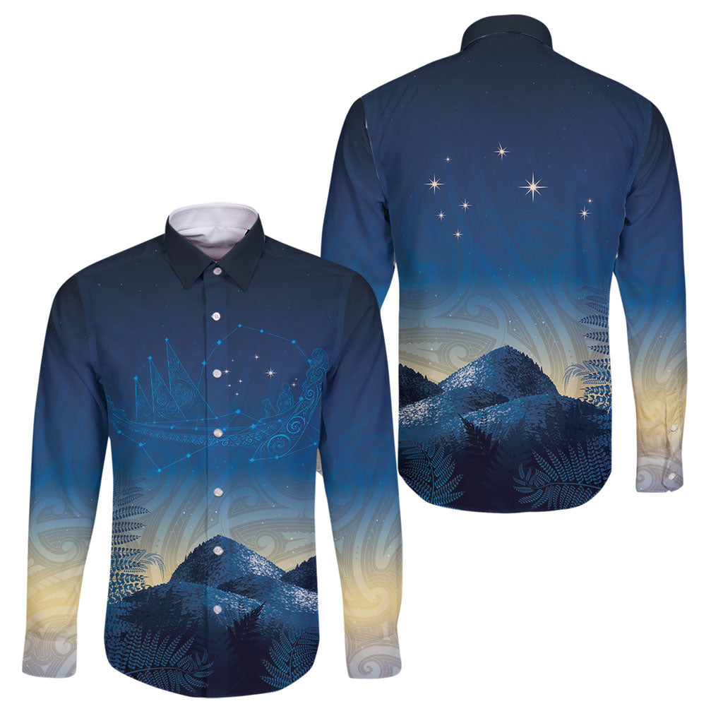 New Zealand Matariki Family Matching Mermaid Dress and Hawaiian Shirt Maori Waka With Silver Fern LT05 Dad's Shirt - Long Sleeve Navy - Polynesian Pride