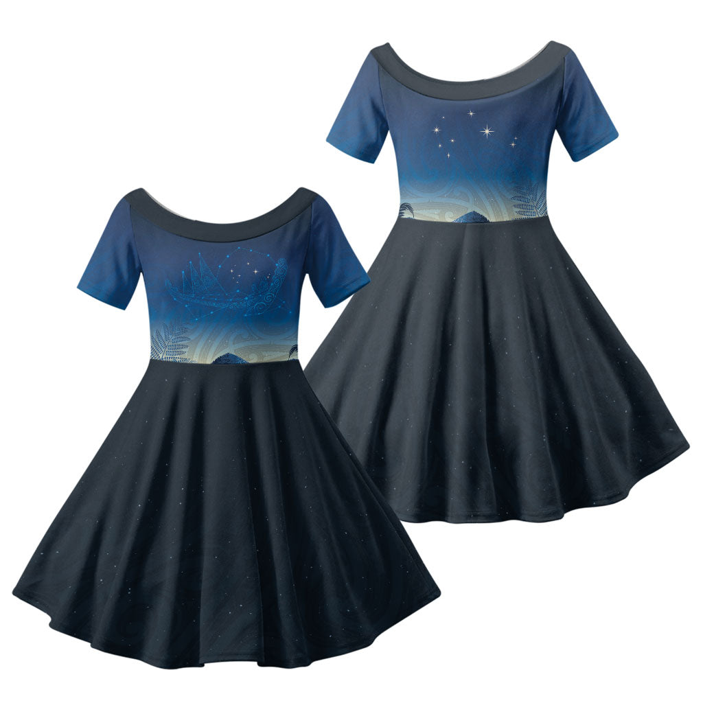 New Zealand Matariki Family Matching Mermaid Dress and Hawaiian Shirt Maori Waka With Silver Fern LT05 Daughter's Dress Navy - Polynesian Pride