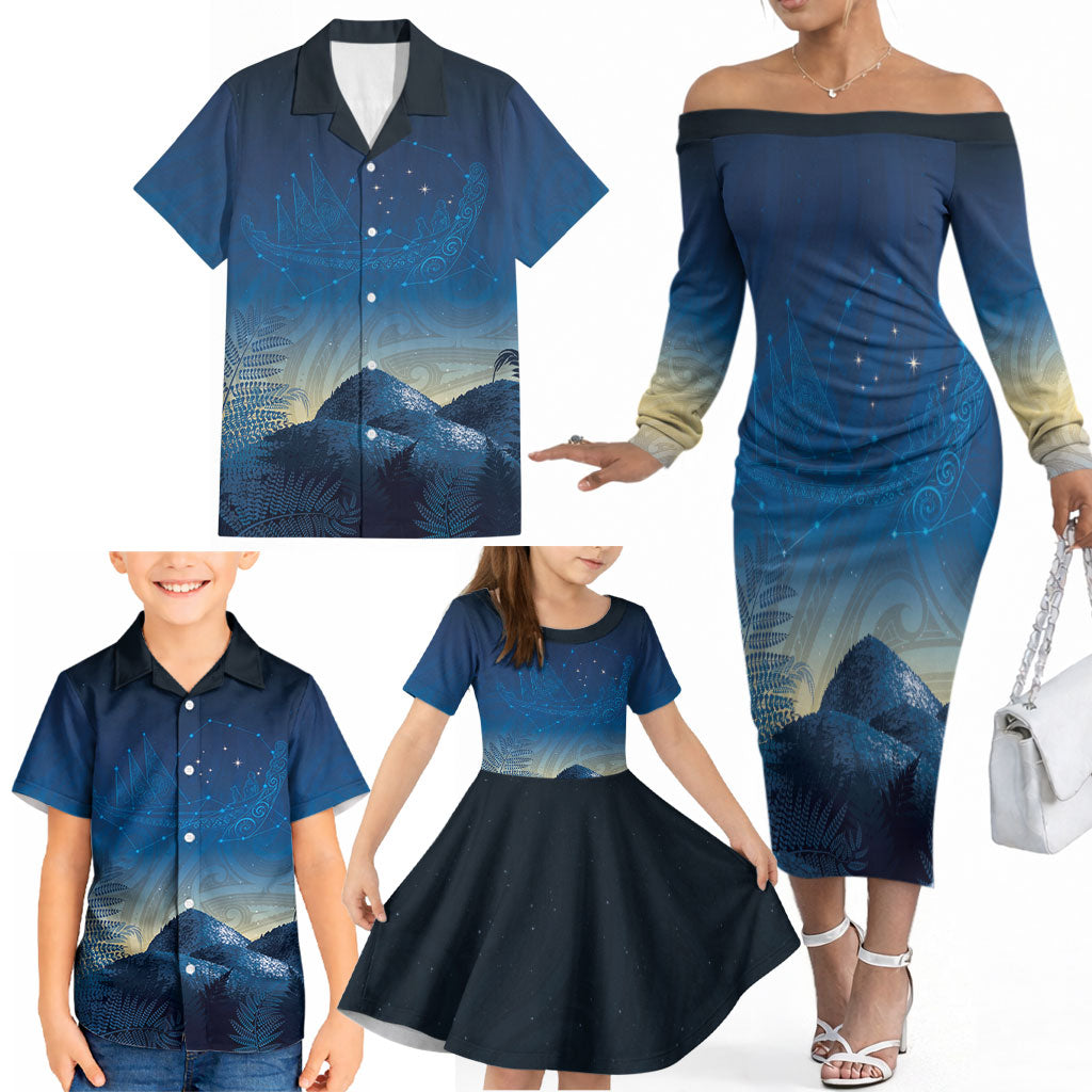 New Zealand Matariki Family Matching Off The Shoulder Long Sleeve Dress and Hawaiian Shirt Maori Waka With Silver Fern LT05 - Polynesian Pride