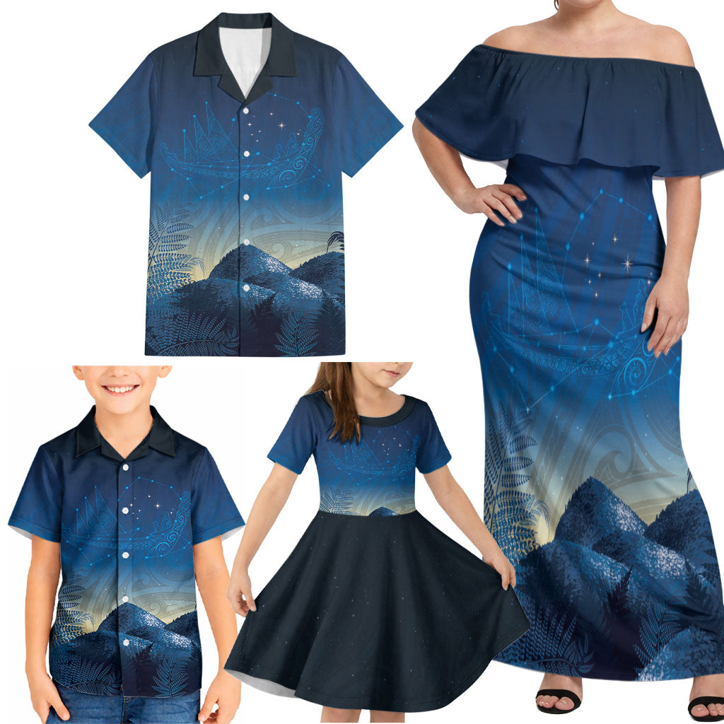 New Zealand Matariki Family Matching Off Shoulder Maxi Dress and Hawaiian Shirt Maori Waka With Silver Fern LT05 - Polynesian Pride