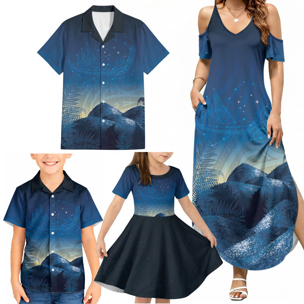 New Zealand Matariki Family Matching Summer Maxi Dress and Hawaiian Shirt Maori Waka With Silver Fern LT05 - Polynesian Pride