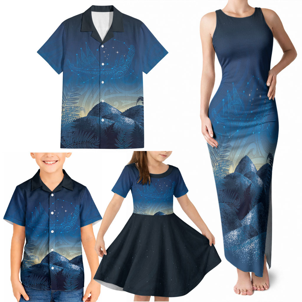 New Zealand Matariki Family Matching Tank Maxi Dress and Hawaiian Shirt Maori Waka With Silver Fern LT05 - Polynesian Pride