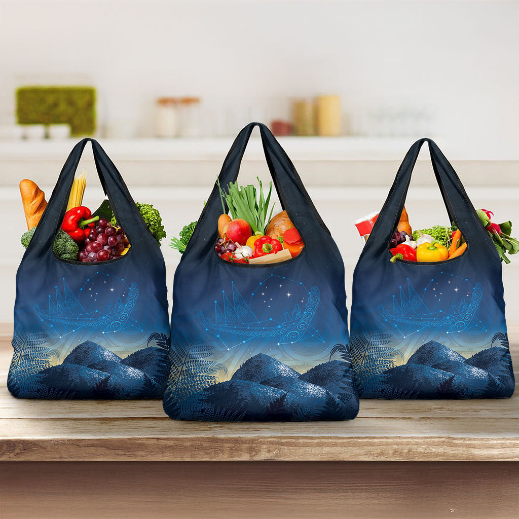 New Zealand Matariki Grocery Bag Maori Waka With Silver Fern LT05 3-pack One Size Navy - Polynesian Pride