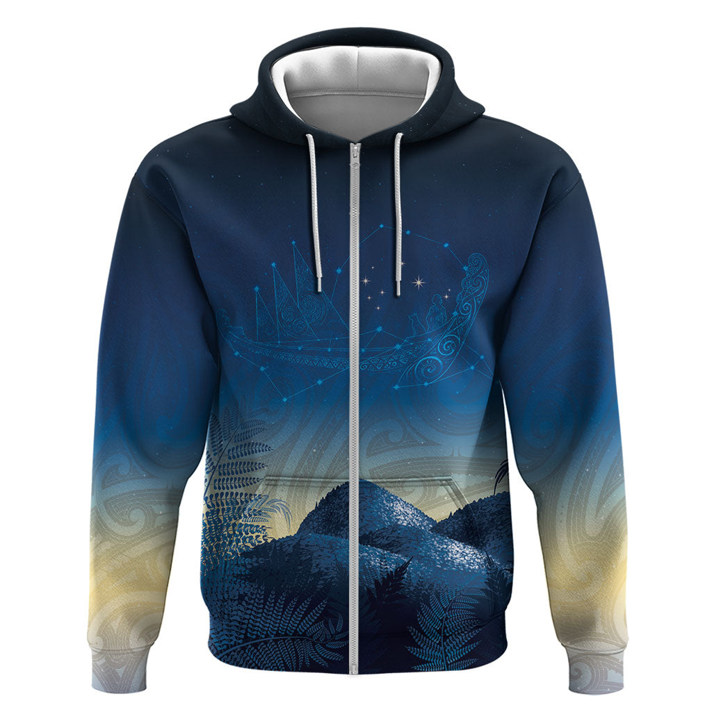 New Zealand Matariki Hoodie Maori Waka With Silver Fern LT05 Zip Hoodie Navy - Polynesian Pride