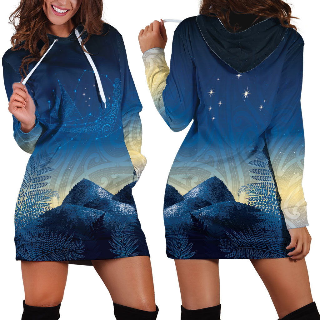 New Zealand Matariki Hoodie Dress Maori Waka With Silver Fern LT05 - Polynesian Pride