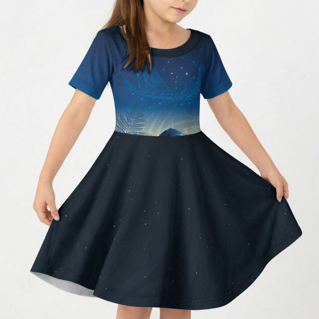 New Zealand Matariki Kid Short Sleeve Dress Maori Waka With Silver Fern LT05 KID Navy - Polynesian Pride