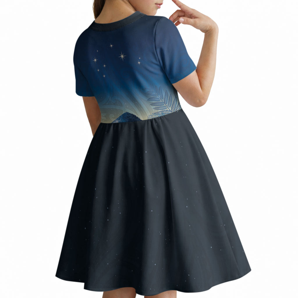 New Zealand Matariki Kid Short Sleeve Dress Maori Waka With Silver Fern LT05 - Polynesian Pride