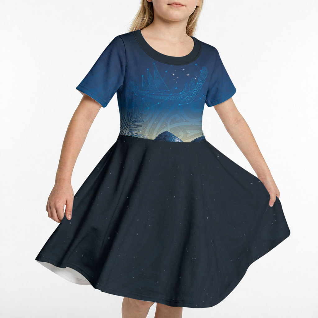 New Zealand Matariki Kid Short Sleeve Dress Maori Waka With Silver Fern LT05 - Polynesian Pride