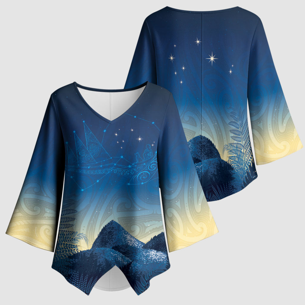 New Zealand Matariki Kimono Sleeve Blouse Maori Waka With Silver Fern LT05 - Polynesian Pride