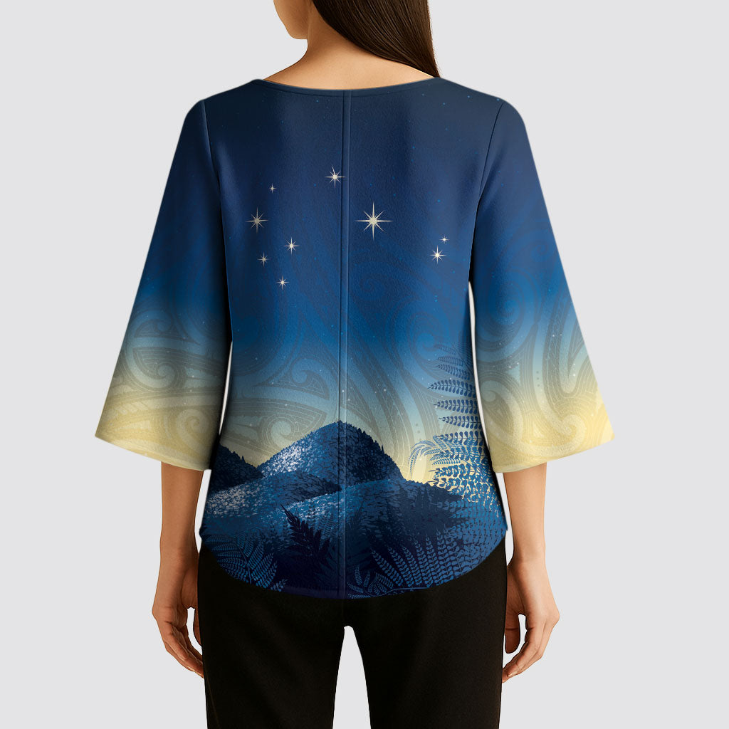 New Zealand Matariki Kimono Sleeve Blouse Maori Waka With Silver Fern LT05 - Polynesian Pride