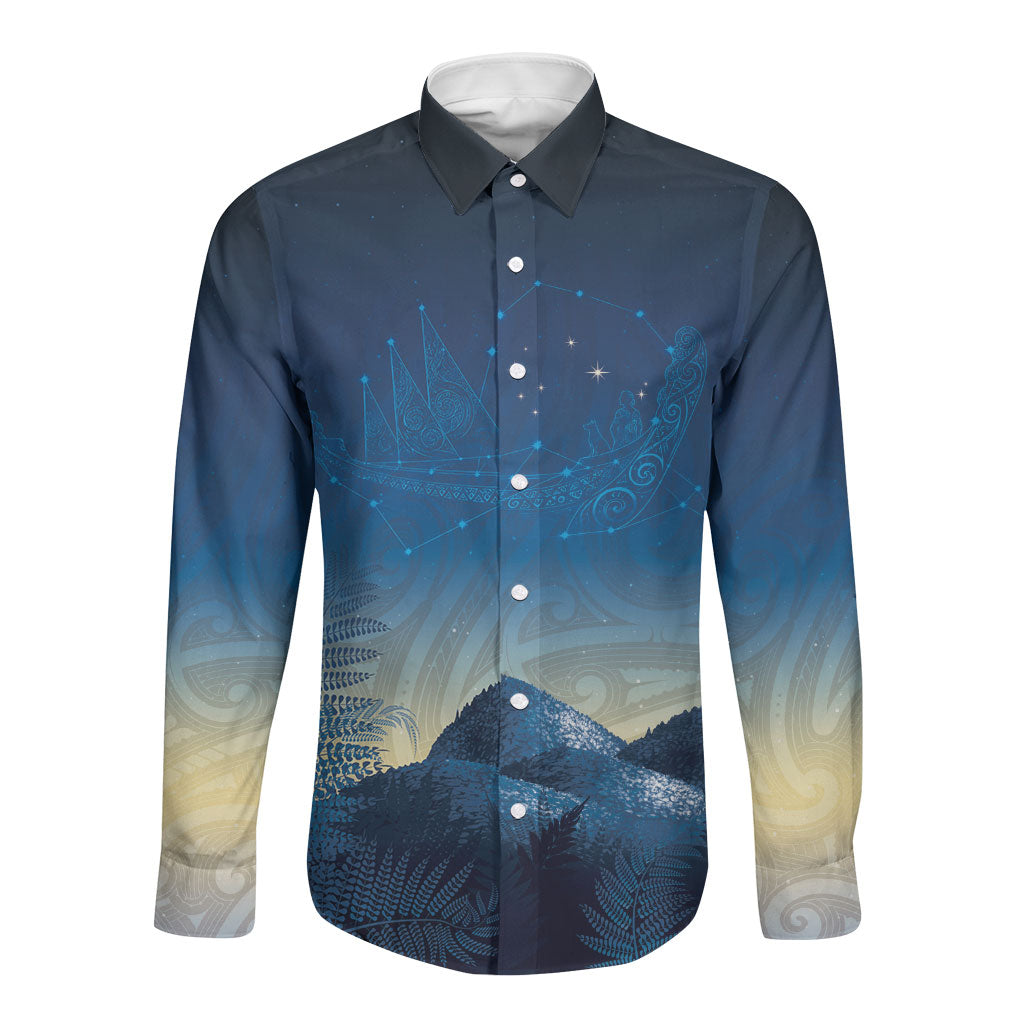 New Zealand Matariki Long Sleeve Button Shirt Maori Waka With Silver Fern LT05 Unisex Navy - Polynesian Pride