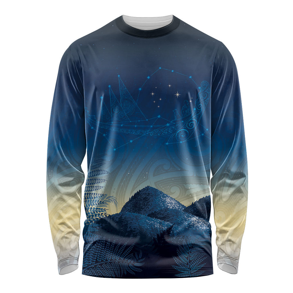 New Zealand Matariki Long Sleeve Shirt Maori Waka With Silver Fern LT05 Unisex Navy - Polynesian Pride