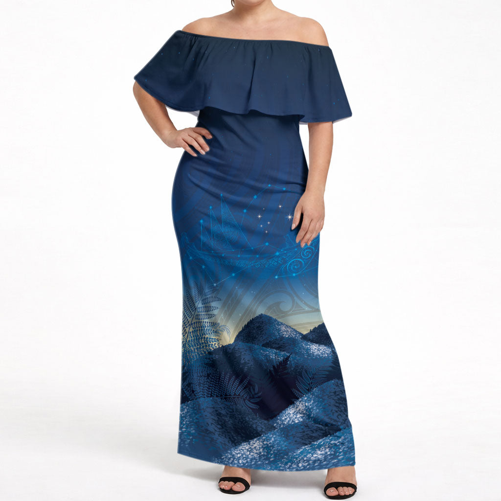 New Zealand Matariki Off Shoulder Maxi Dress Maori Waka With Silver Fern LT05 Women Navy - Polynesian Pride