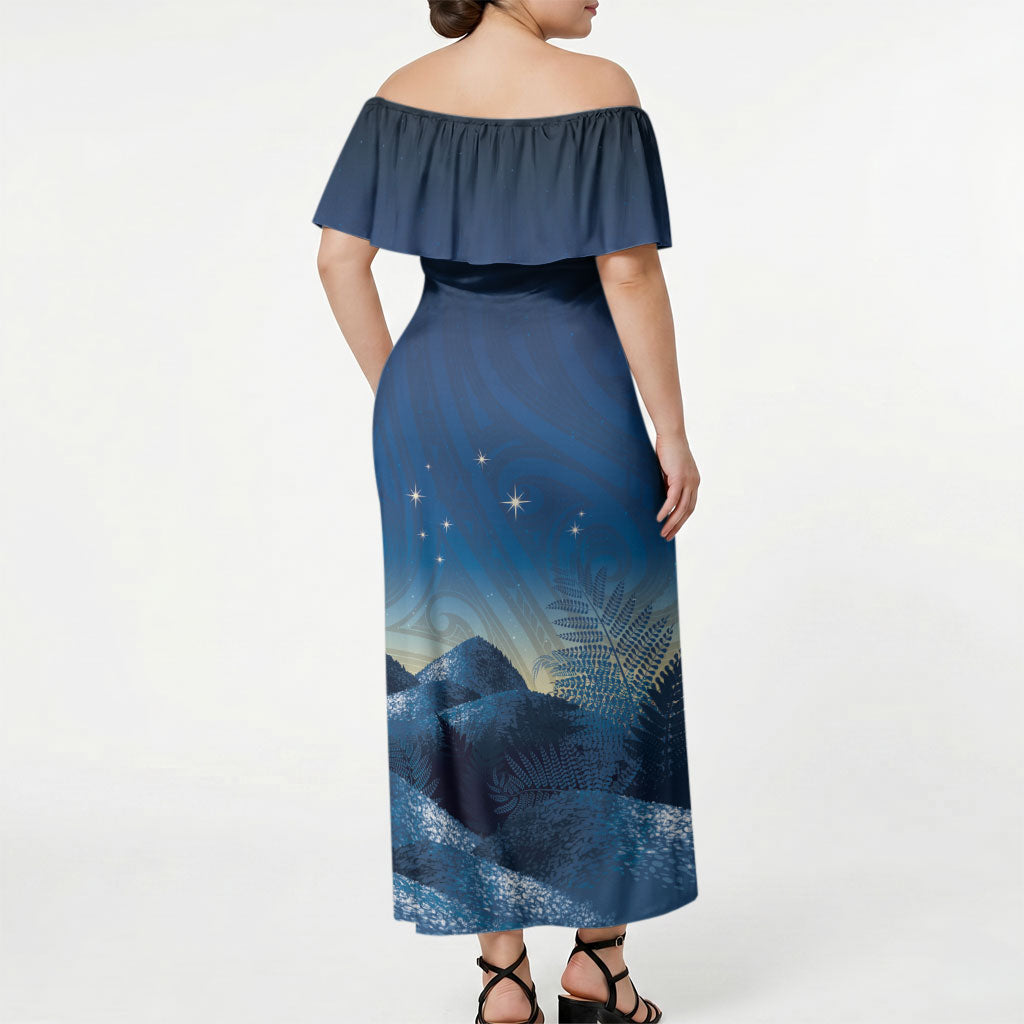 New Zealand Matariki Off Shoulder Maxi Dress Maori Waka With Silver Fern LT05 - Polynesian Pride