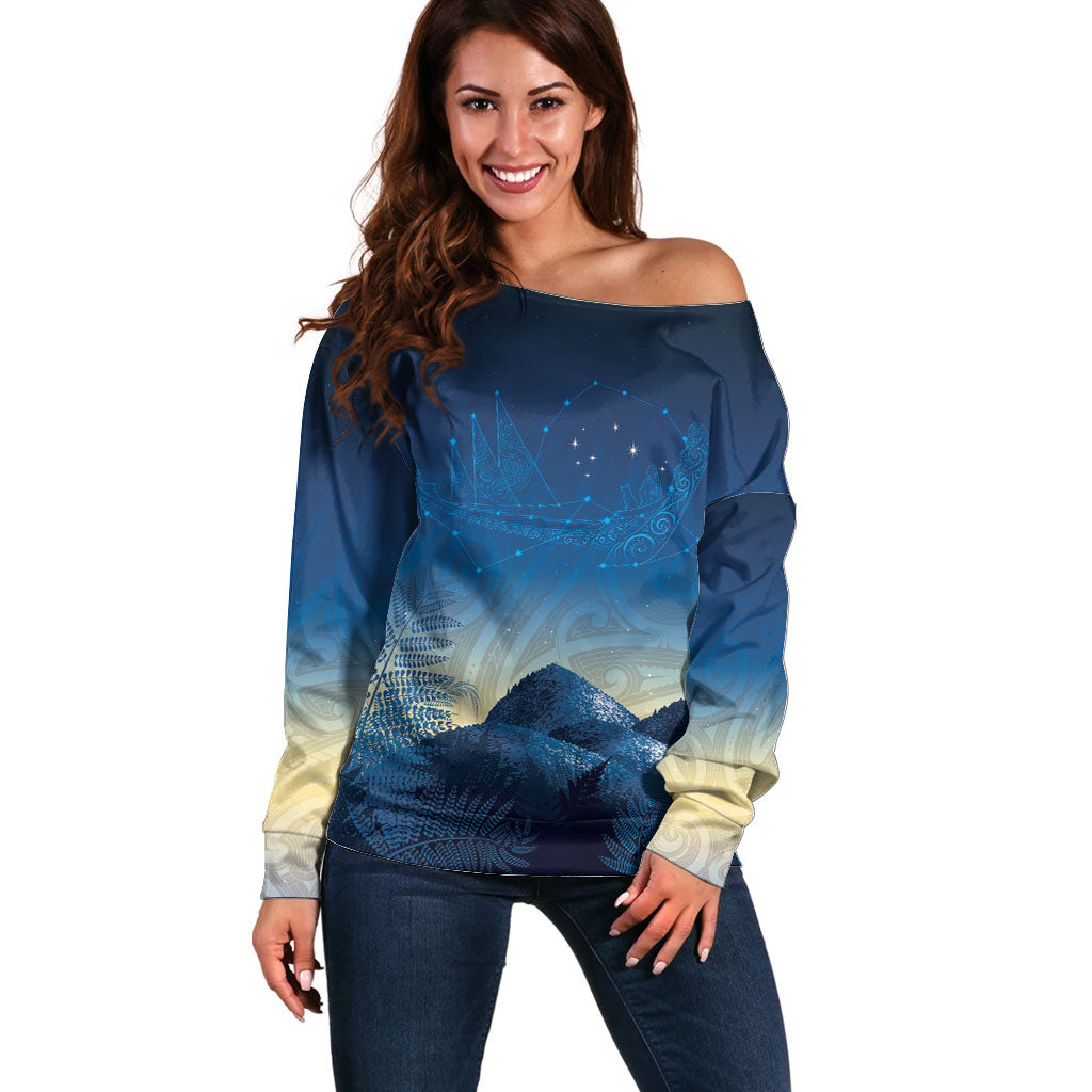 New Zealand Matariki Off Shoulder Sweater Maori Waka With Silver Fern LT05 Women Navy - Polynesian Pride