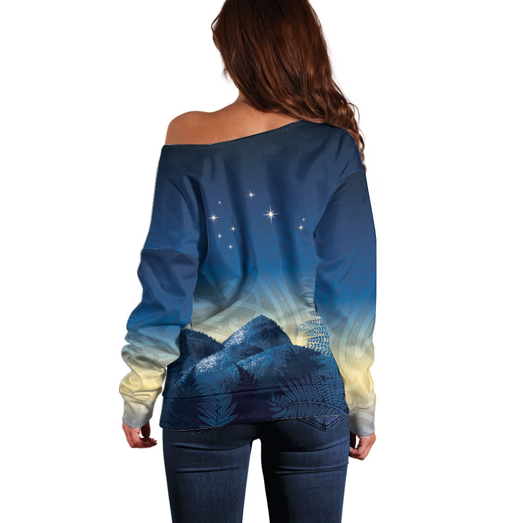 New Zealand Matariki Off Shoulder Sweater Maori Waka With Silver Fern LT05 - Polynesian Pride