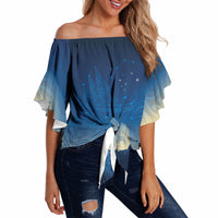 New Zealand Matariki Off Shoulder Wrap Waist Top Maori Waka With Silver Fern LT05 Navy - Polynesian Pride