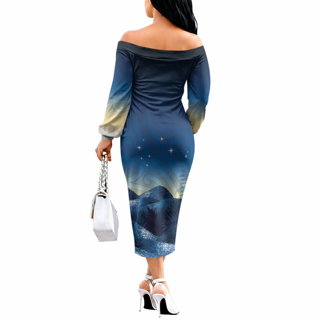 New Zealand Matariki Off The Shoulder Long Sleeve Dress Maori Waka With Silver Fern LT05 - Polynesian Pride