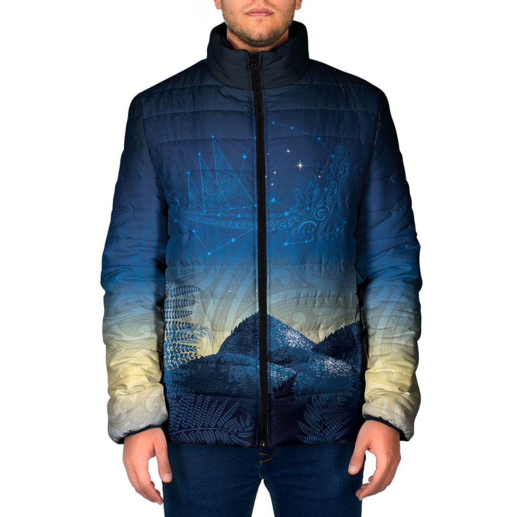 New Zealand Matariki Padded Jacket Maori Waka With Silver Fern LT05 Men Navy - Polynesian Pride