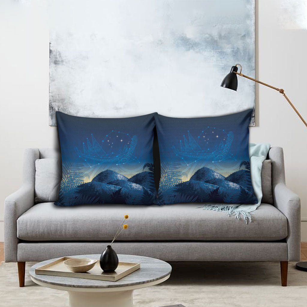 New Zealand Matariki Pillow Cover Maori Waka With Silver Fern LT05 - Polynesian Pride