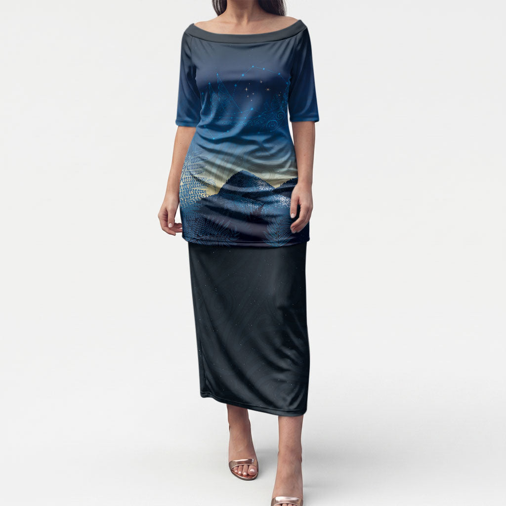New Zealand Matariki Puletasi Maori Waka With Silver Fern LT05 Long Dress Navy - Polynesian Pride
