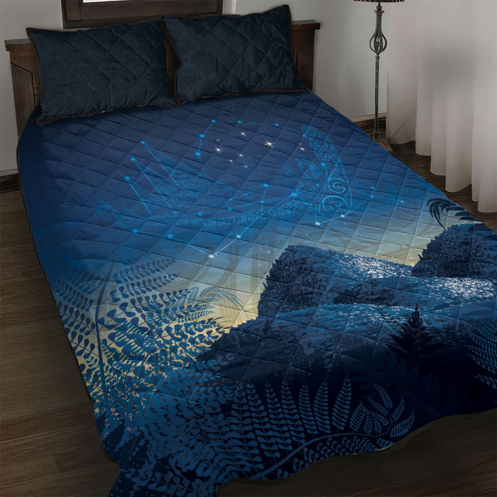 New Zealand Matariki Quilt Bed Set Maori Waka With Silver Fern LT05 Navy - Polynesian Pride