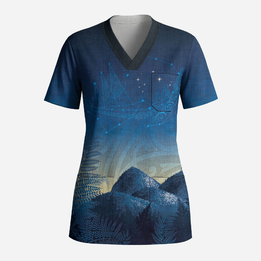 New Zealand Matariki Scrub Top Maori Waka With Silver Fern LT05 Adult Navy - Polynesian Pride