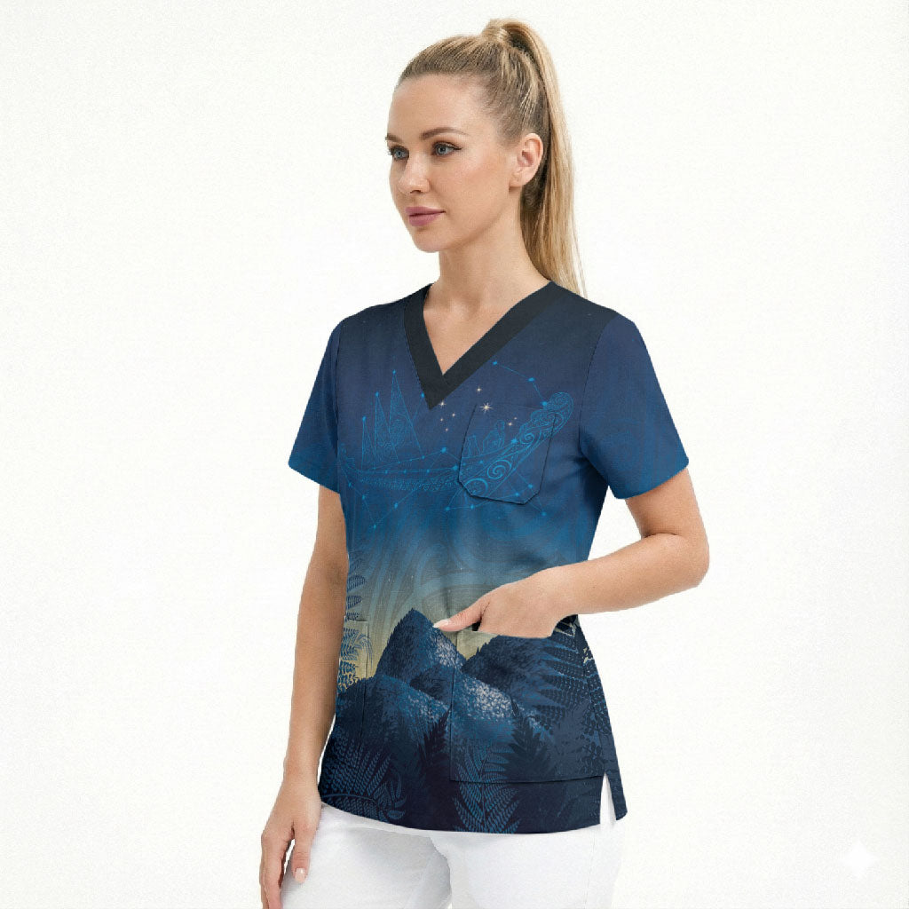 New Zealand Matariki Scrub Top Maori Waka With Silver Fern LT05 - Polynesian Pride