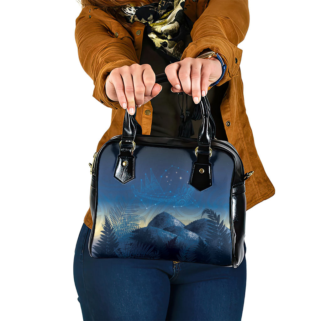 New Zealand Matariki Shoulder Handbag Maori Waka With Silver Fern LT05 One Size Navy - Polynesian Pride