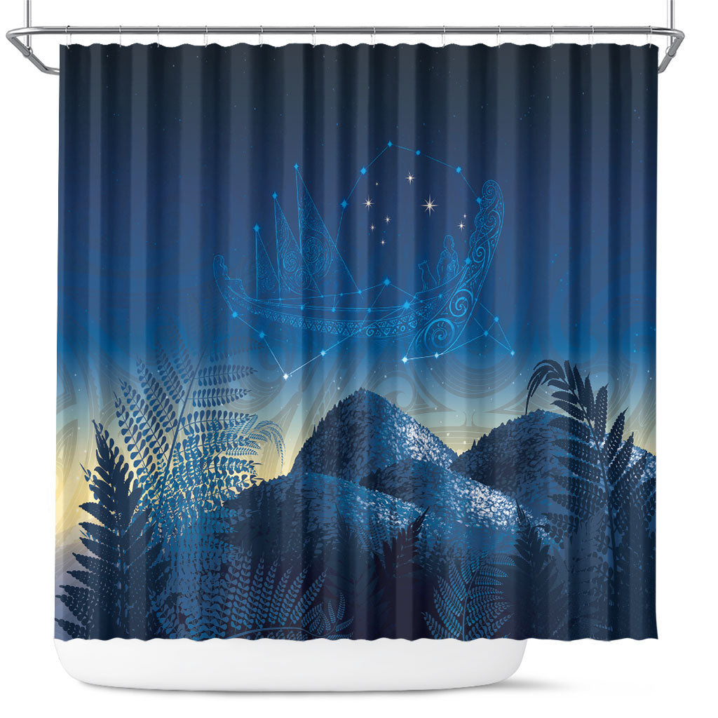 New Zealand Matariki Shower Curtain Maori Waka With Silver Fern LT05 Navy - Polynesian Pride