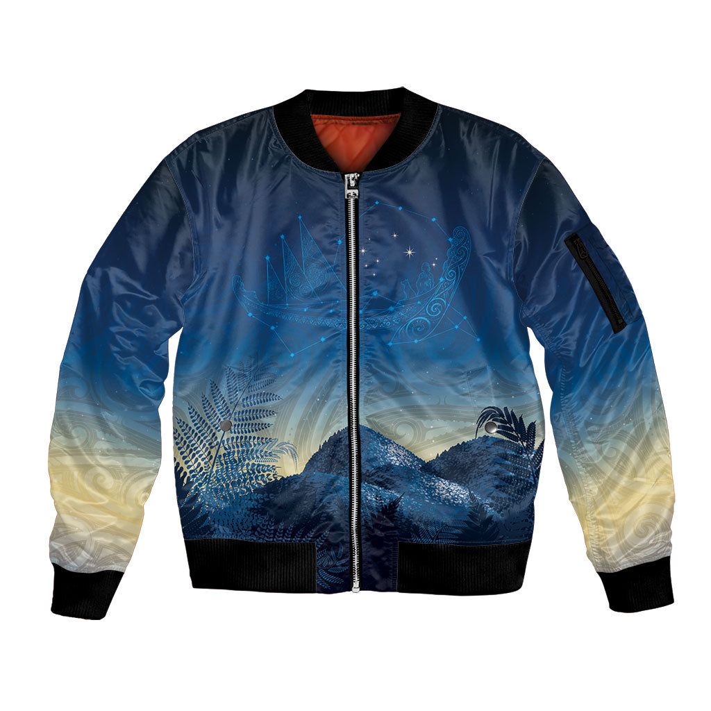 New Zealand Matariki Sleeve Zip Bomber Jacket Maori Waka With Silver Fern LT05 Unisex Navy - Polynesian Pride