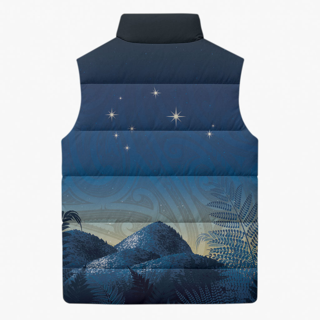 New Zealand Matariki Sleeveless Puffer Jacket Maori Waka With Silver Fern LT05 - Polynesian Pride