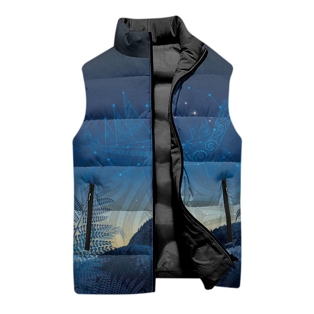 New Zealand Matariki Sleeveless Puffer Jacket Maori Waka With Silver Fern LT05 - Polynesian Pride