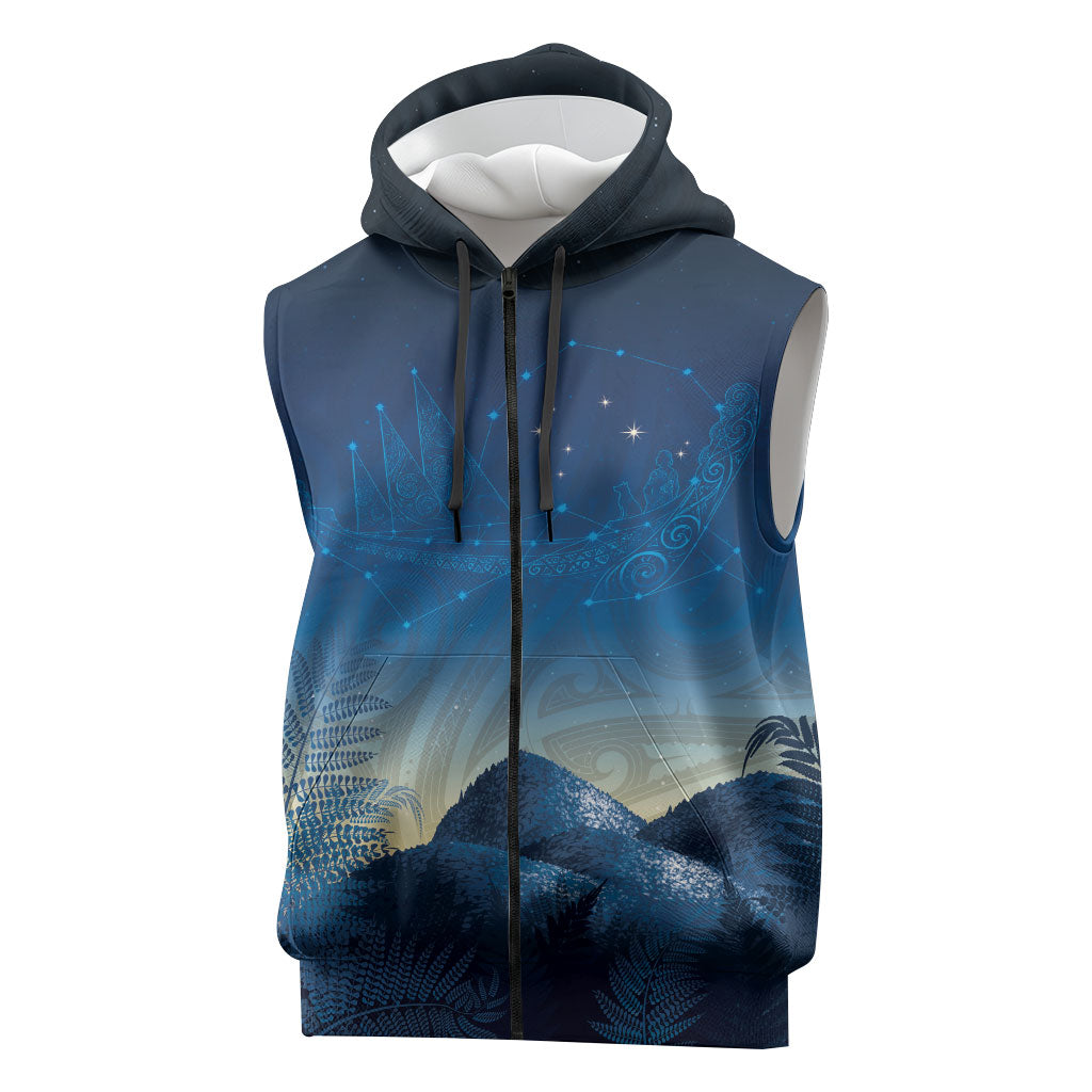 New Zealand Matariki Sleeveless Zip Hoodie Maori Waka With Silver Fern LT05 Navy - Polynesian Pride