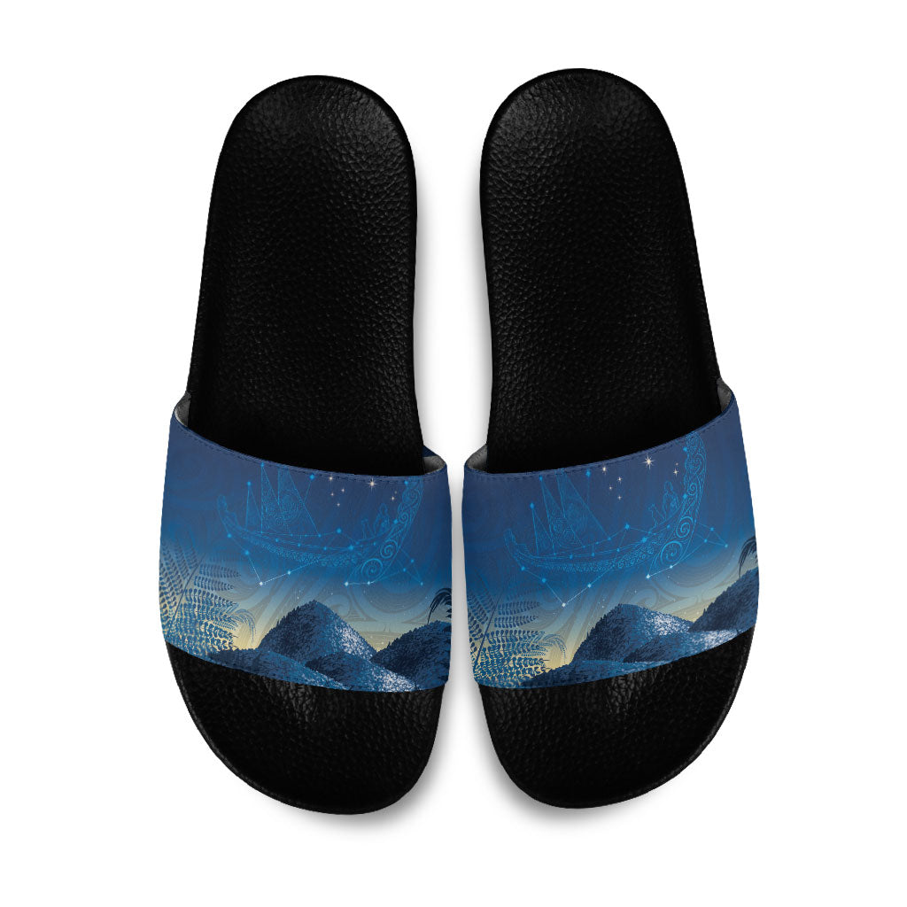 New Zealand Matariki Slide Sandals Maori Waka With Silver Fern LT05 Navy - Polynesian Pride