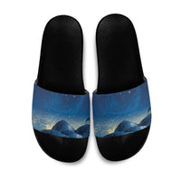 New Zealand Matariki Slide Sandals Maori Waka With Silver Fern LT05 Navy - Polynesian Pride