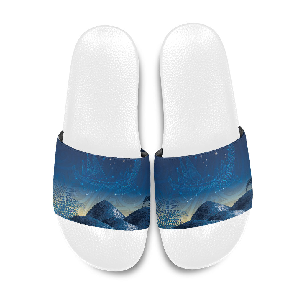 New Zealand Matariki Slide Sandals Maori Waka With Silver Fern LT05 Navy - Polynesian Pride