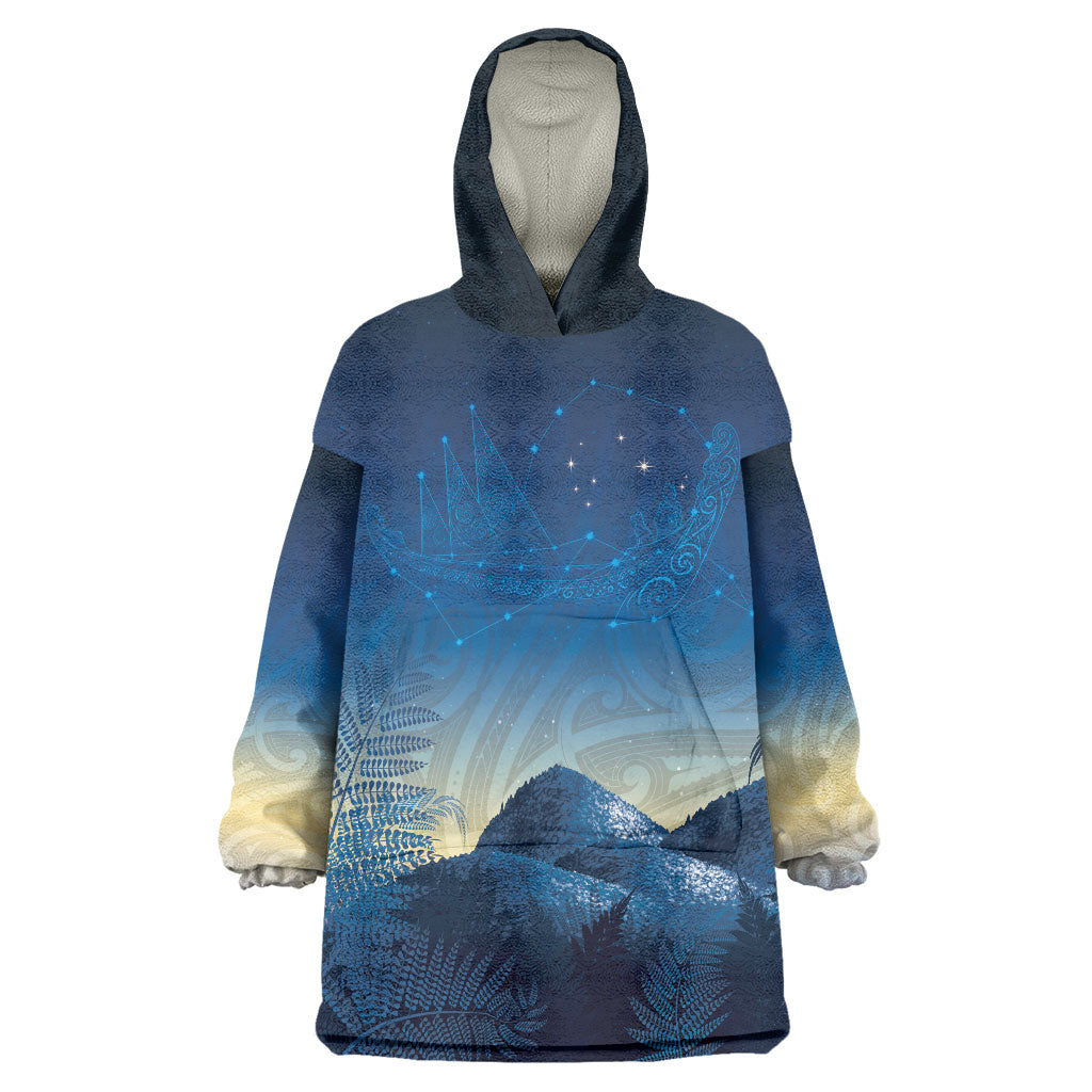 New Zealand Matariki Wearable Blanket Hoodie Maori Waka With Silver Fern LT05 One Size Navy - Polynesian Pride