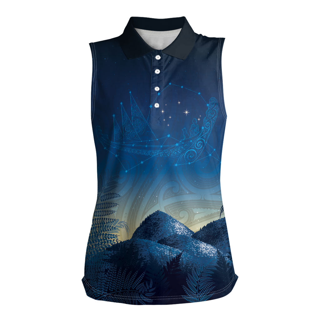 New Zealand Matariki Women Sleeveless Polo Shirt Maori Waka With Silver Fern LT05 Female Navy - Polynesian Pride