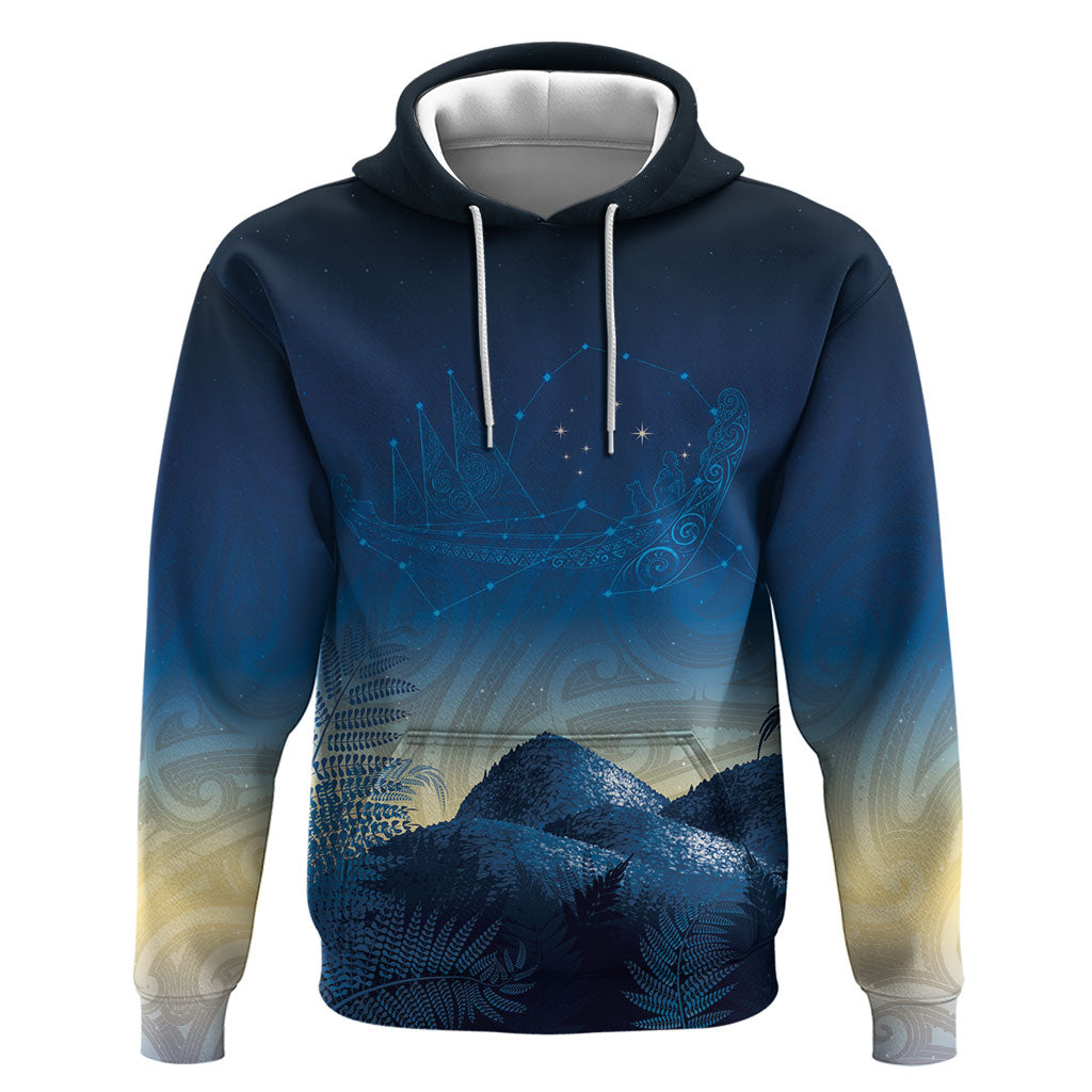 New Zealand Matariki Zip Hoodie Maori Waka With Silver Fern LT05 Pullover Hoodie Navy - Polynesian Pride